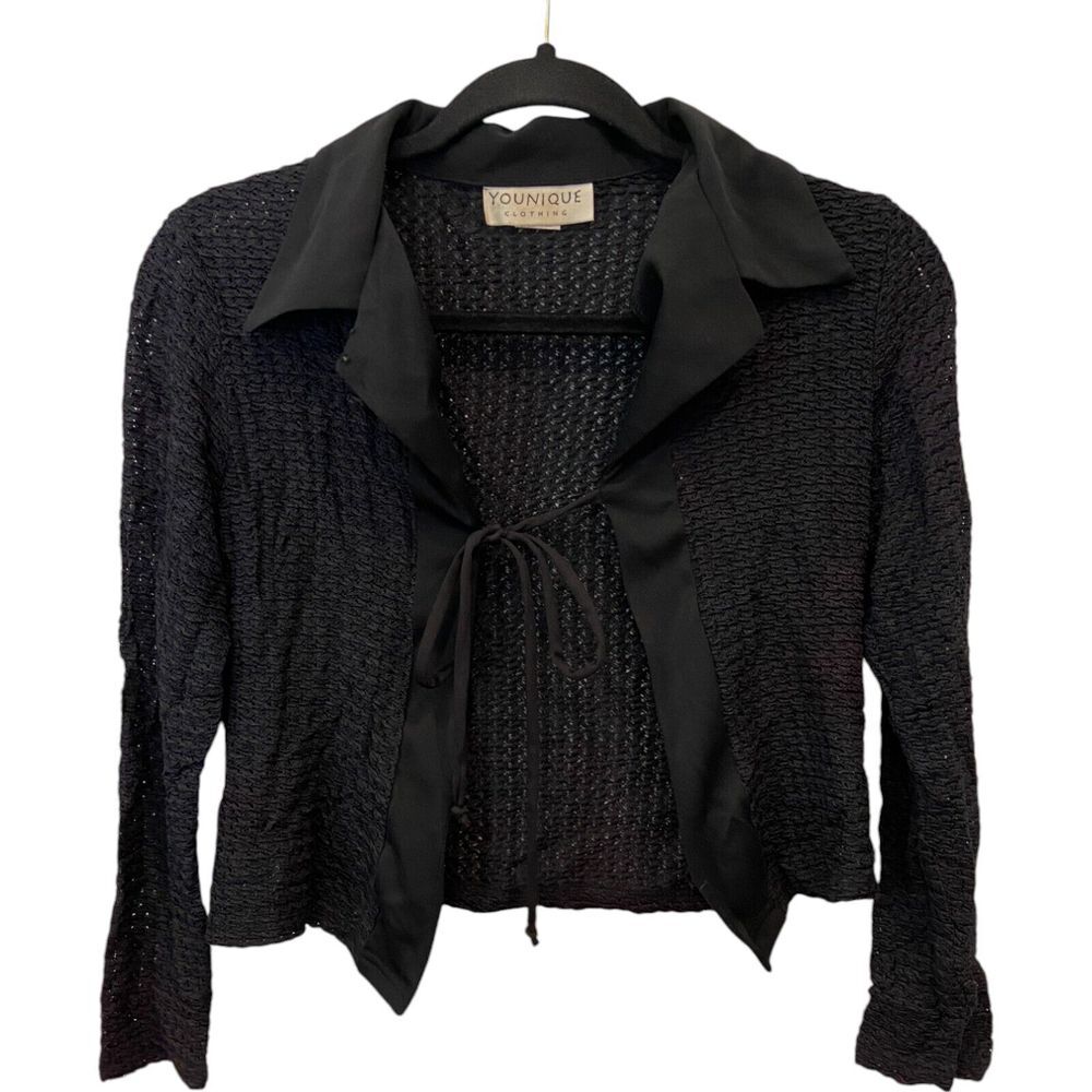 Younique Clothing Tie Front Cardigan Black Womens Long Sleeve Collared Vintage